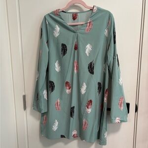 SHEIN Mint Green Long Sleeve Feather Print Dress